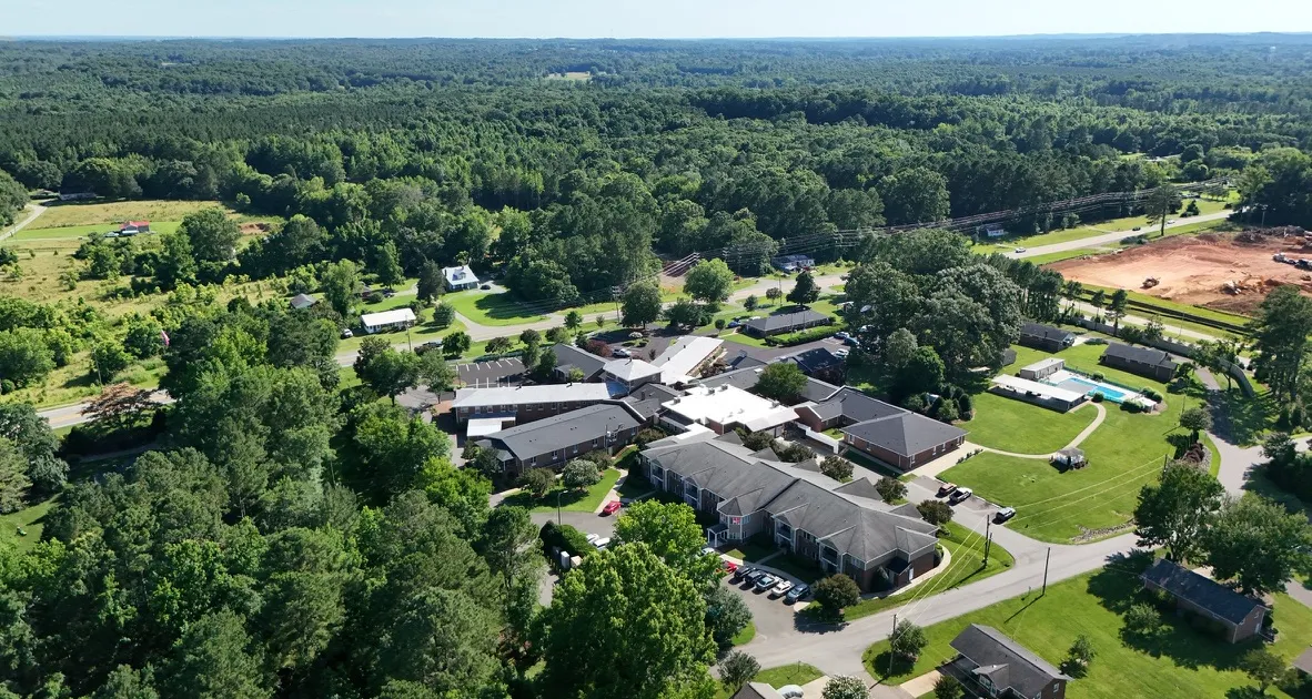 Aerial view of the Village and the surrounding Pittsboro landscape